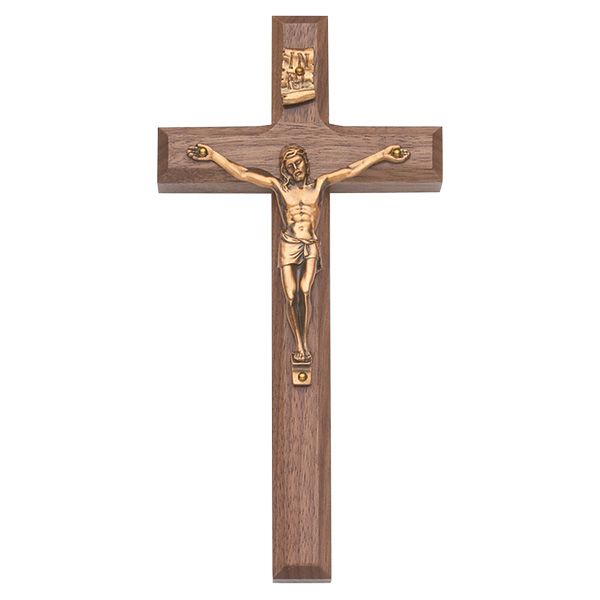 Bevel Walnut Gold Crucifix 8"