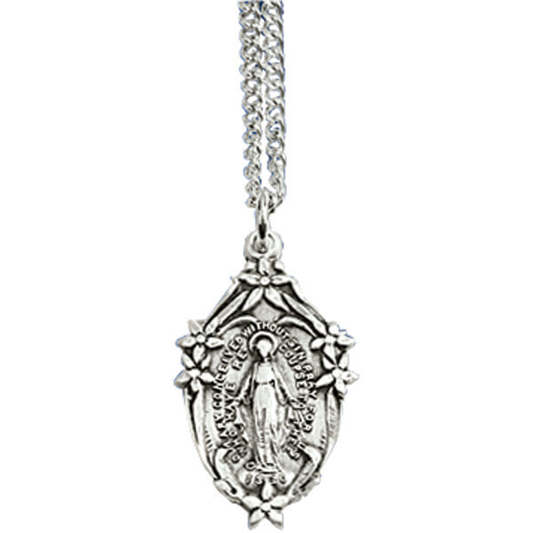 SS Flowered Miraculous Medal 18" Stainless Chain