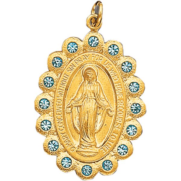 14KT Gold Miraculous Medal with Blue Stones