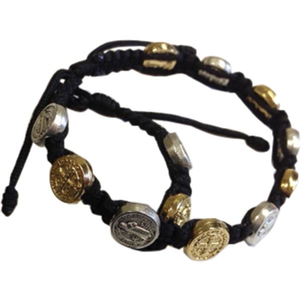 St Benedict Black Cord Two Tone Bracelet