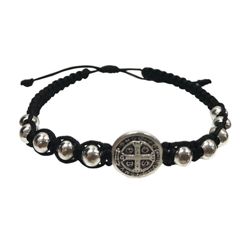 St Benedict Center With Silver Beads Corded Bracelet
