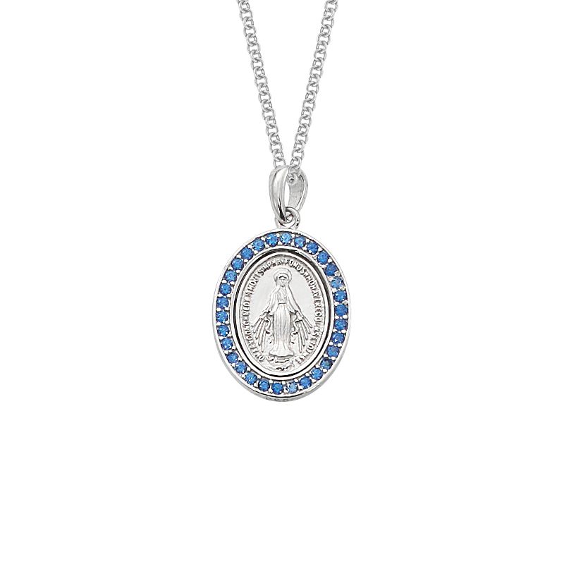 Sterling Silver Miraculous Medal With Blue Stone Border
