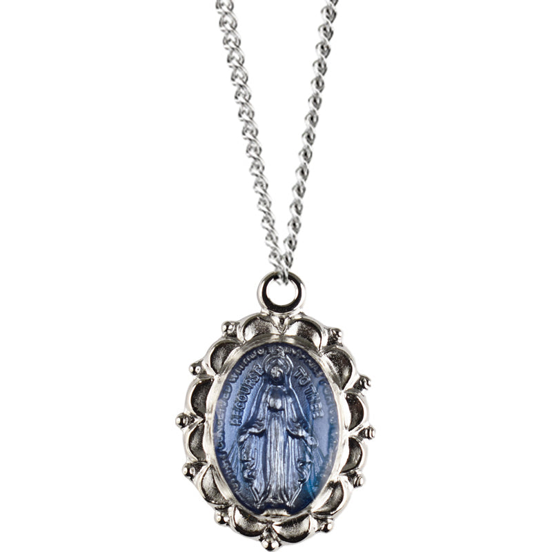 Blue Enameled Miraculous Medal Pendant