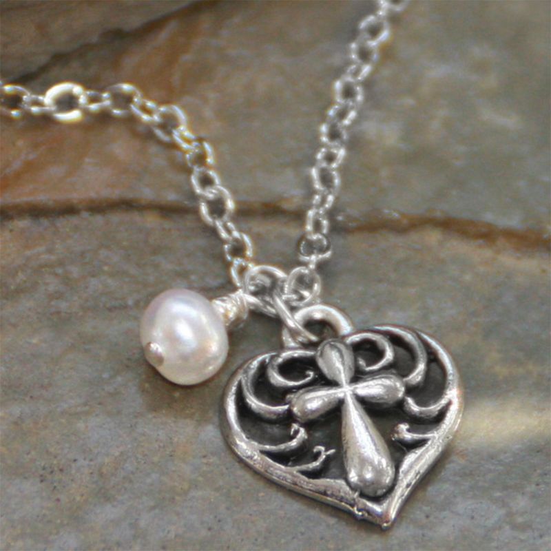 Heart Cross with Pearl Pendant