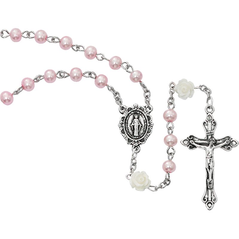 Pink Pearl Rosary w/White Rosebud Our Father Beads