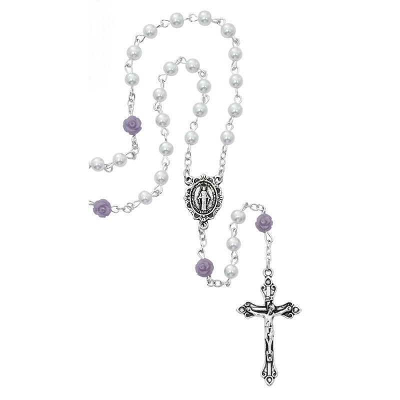 White Pearl with Lavender Rosebud Our Father Bead Rosary