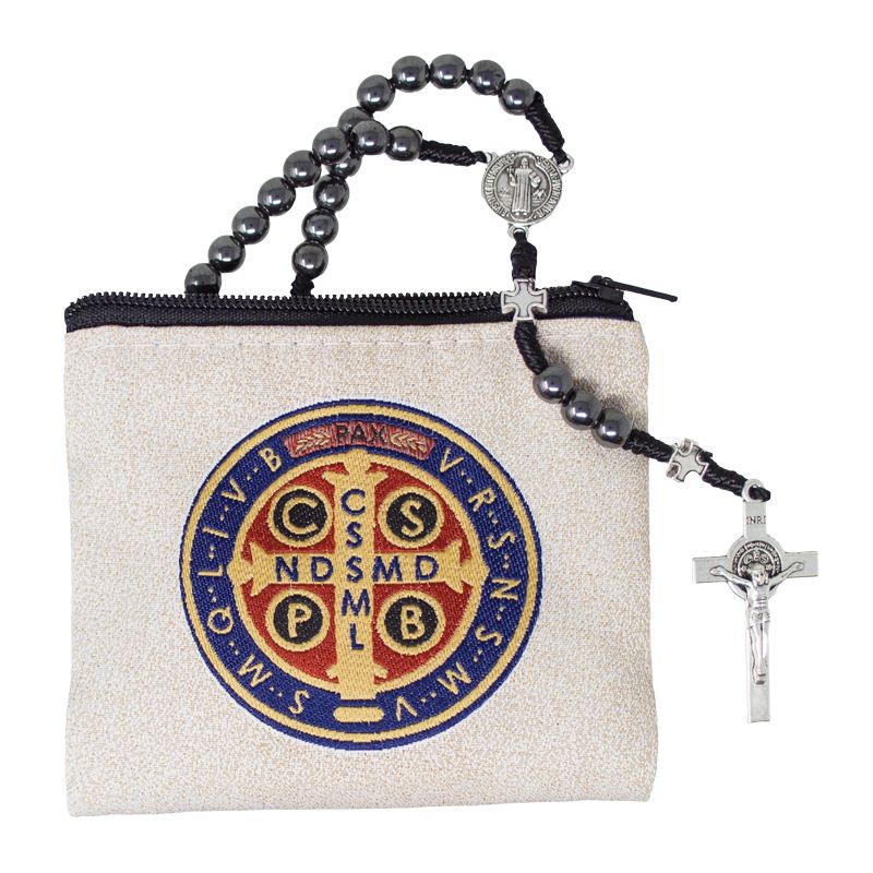 St Benedict Hematite Cord Rosary with Case