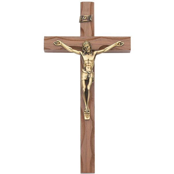 Carved Walnut Crucifix Brass Corpus 10"