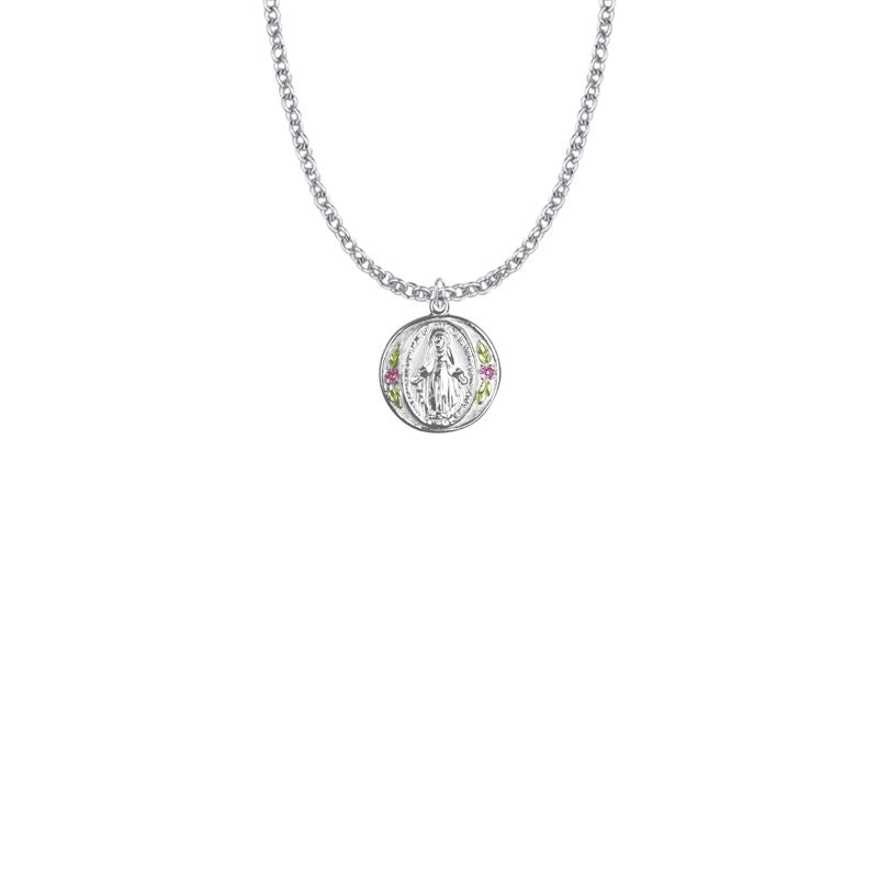 Sterling Silver Round Miraculous Medal with Enameled Flowers