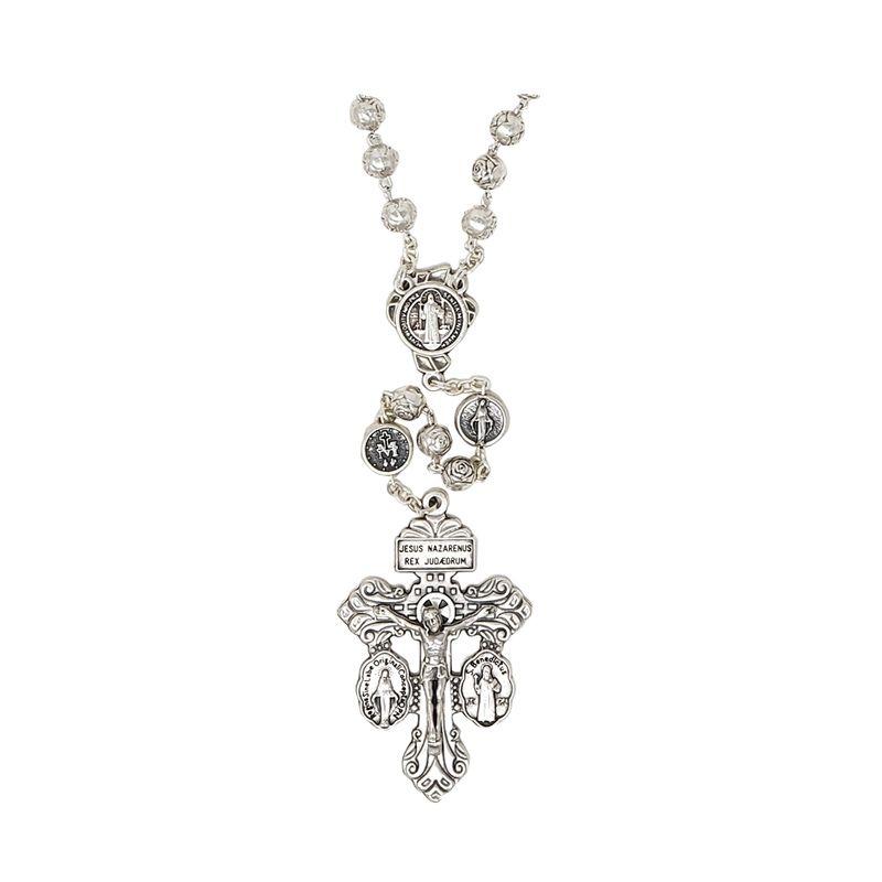 Silver Rosebud Rosary with Black Rosary Case
