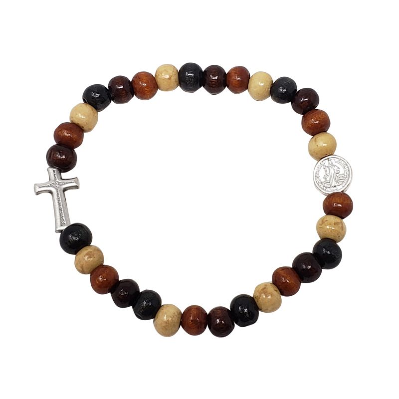 Multi Color Wood St Benedict Rosary Bracelet